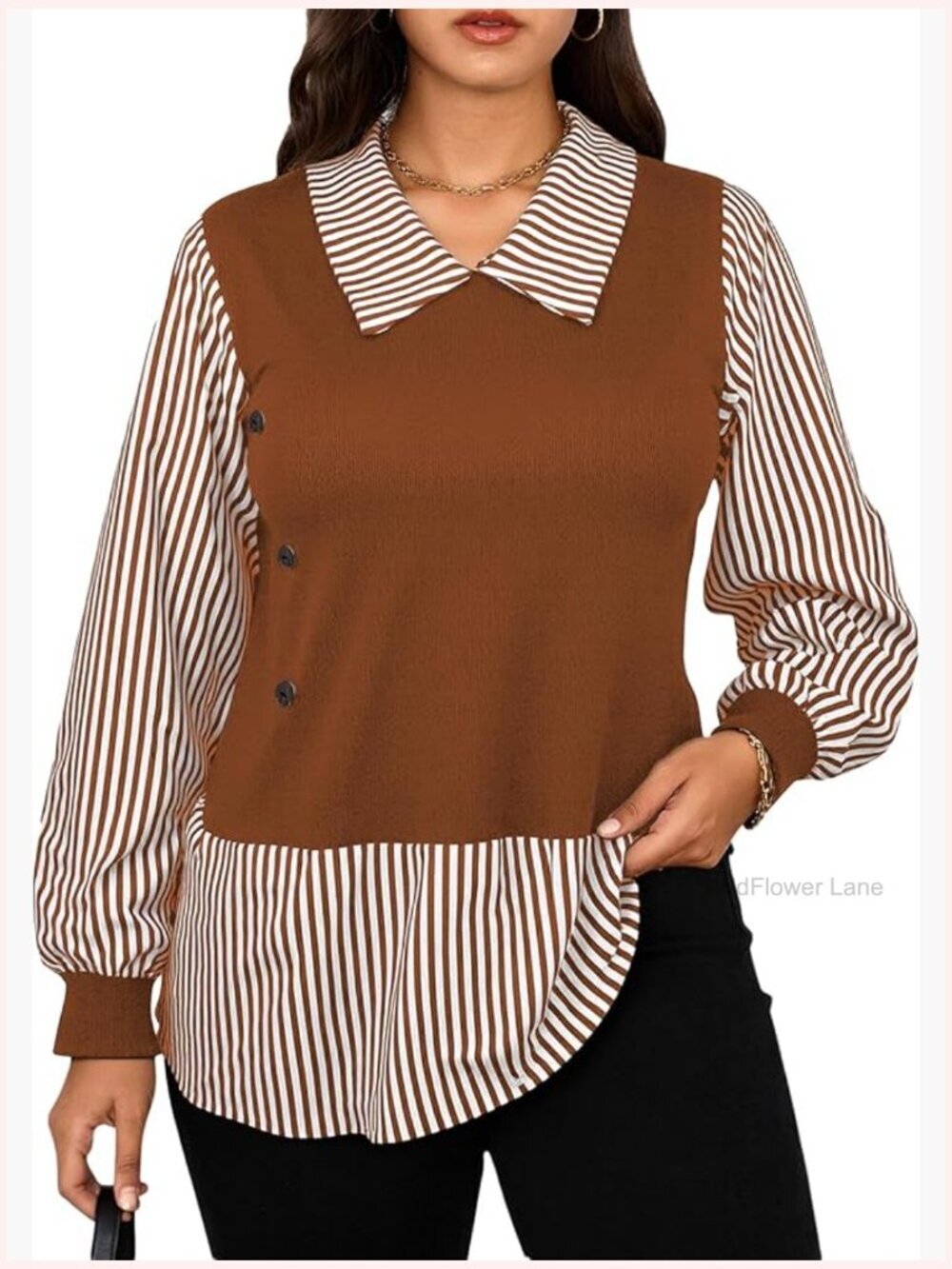 Plus Size Striped Button Front Long Sleeve Blouse Business Casual Top